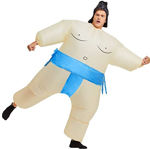 Rafalacy Inflatable Sumo Wrestler Costume Suit Unisex Blow up Party Fat Suit Funny Halloween Costume Adult/Kids Cosplay Fancy Dress Outfit… (Blue Sumo)