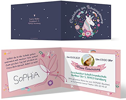 20 x Schuleinführung Einschulung Einladungskarten Text und Foto einfach individuell selbst gestalten DIN A6 für Mädchen süß rosa Einhorn
