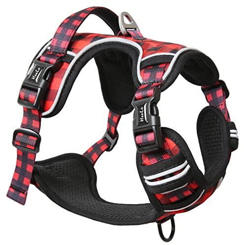 HEELE Hundegeschirr ohne Zug, Brustgeschirr für große Hund, einstellbares reflektierendes Hunde Geschirr, atmungsaktive Hundegeschirre mit gepolstertem Griff, No-Pull Dog Harness, Schwarz-Rot, L