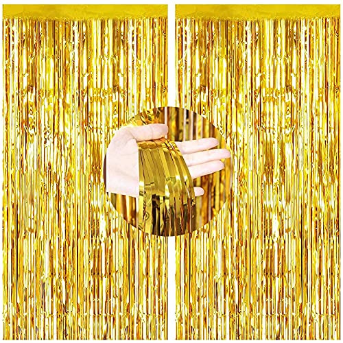 2 Stück Metallische Lametta Vorhänge,Lametta Vorhänge Hintergrund,Deko Folie Fransen Vorhänge Hintergrund,DIY Photo Booth Dekorationen,Tür Fenster Hintergrund Foto Requisiten für Festival(Gold,1x2.5m)