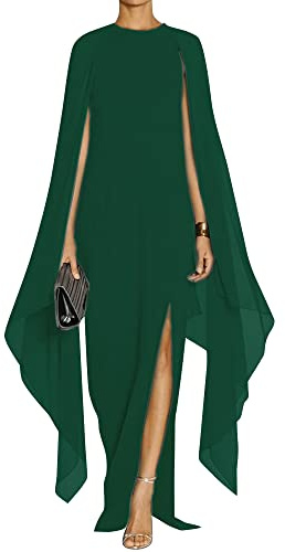 MAYFASEY Women's Elegant High Split Flare Sleeve Formal Evening Gowns Maxi Dress with Cape, Dark Green, XL