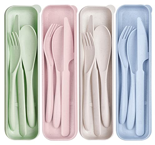 Ensemble de couverts de voyage avec étui Ensembles de couverts portables Ensembles de couteaux et de fourchettes en plastique réutilisables pour pique-nique et camping de voyage (4 couleurs)