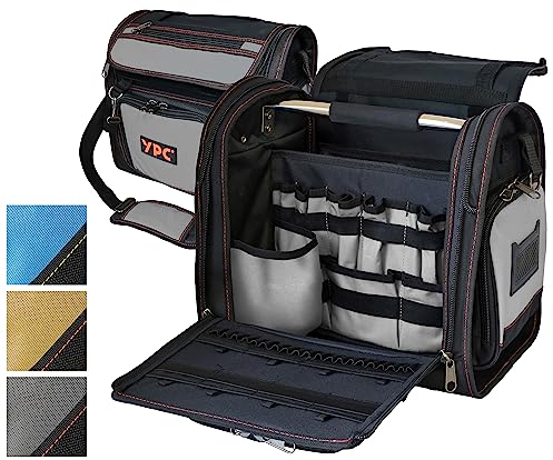 YPC Foreman Werkzeugtasche XL– Tragbare Aufbewahrungstasche mit Karabinerhaken, Wasserfest, Reißfest, Stabiler Metallgriff & Schultergurt mit Polsterung, Grau-Schwarz, 37x36x27cm – 20 kg Tragkraft