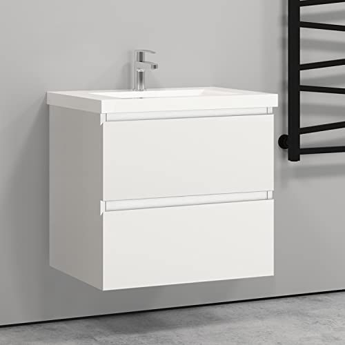 Biubiubath 500mm Bathroom Sink Unit with Basin Matt White 2 Soft Close Drawers Wall Mounted Bathroom Suite with Vanity Unit