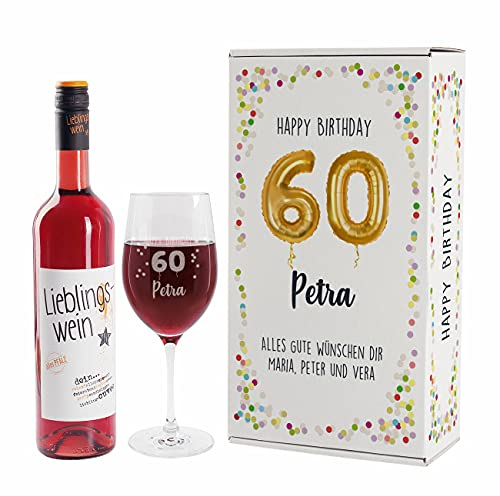 Herz & Heim® Geburtstagsset mit Biorebe Bio-Wein und graviertem Leonardo Weinglas in Geschenkverpackung Rot, 60. Geburtstag