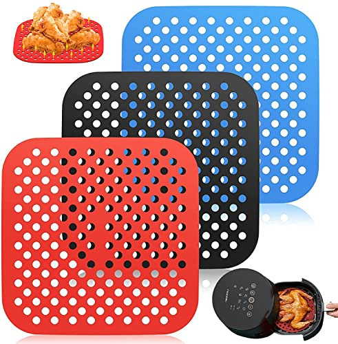 Tailcos Tappetini per Friggitrice ad Aria, Riutilizzabile Antiaderente Tappetino, Tappetino Per Friggitrice Ad Aria 3 Quadrati Tappetini in Silicone per Friggitrice ad Aria (20 cm)