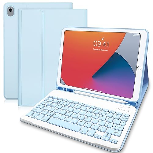 Hofsos Custodia con tastiera per iPad da 10.2 pollici, tastiera rimovibile wireless (QWERTZ) e custodia protettiva con supporto per Apple Pencil, blu pallido