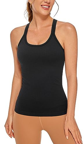 CRZ YOGA Damen Racerback Yoga Tank Top Gepolstert Ohne Bügel Sport Top Nahtlos Lang Tanktops Fitness Gym Oberteile Schwarz 44