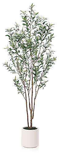 LOMANTO Künstliche Olivenbäume, 2,1 m hoch, für den Innenbereich, Oliven-Seidenbaum, große Olivenpflanzen mit weißem Pflanzgefäß für Heimdekoration und Einweihungsgeschenk, 1 Packung