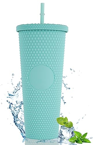 Joymaking Studded Tumbler with Straw and Lid, Double Walled Cold Cups, 24oz Studded Cup Plastic Cup Glitter Water Bottle Cups for Iced Coffee, Slush and Smoothies(Matte Mint Green)