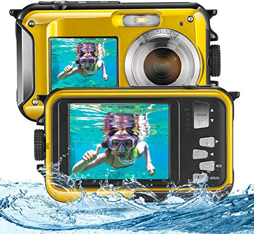 Aomdom Cámara Digital a Prueba de Agua, Full HD 2.7K 48MP Camara Acuatica Sumergible Zoom Digital 16X Camara Fotos Acuatica Niños Pantallas Duales antivibración para bucear con esnórque Giallo