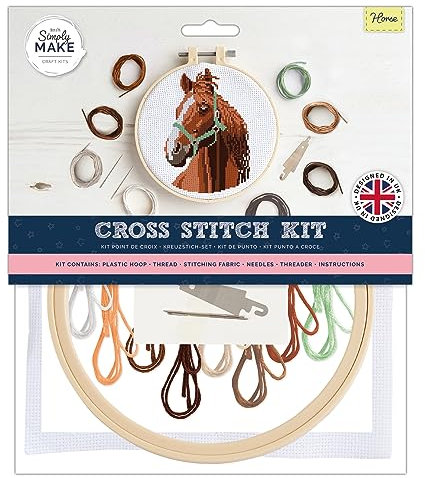 Simply MAKE Kreuzstich-Set – Pferde-Design für Kinder und Erwachsene, einschließlich Reifen, Stickgarn, Stoff und Nadel, perfekt für Erwachsenen-Bastelarbeiten und Anfänger, pferd