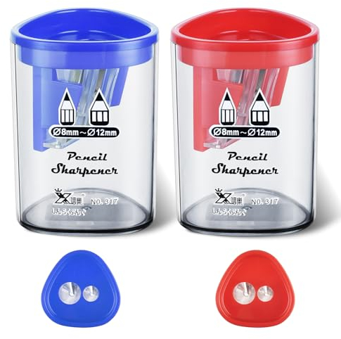 OFFCUP Anspitzer Dicke Buntstifte, 2 Stück Anspitzer Kinder, Doppelanspitzer Mit Behälter, Oval Spitzer für für Kinder, Studenten, Schule, Zuhause, Bürobedarf(blau+rot)