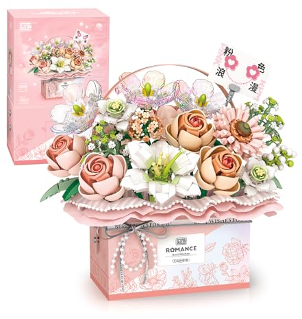 MEIEST Ensemble de blocs de construction de fleurs, simulation rose, boîte cadeau portable pour la Saint-Valentin, bonsaï, jouets de construction, décoration de la maison (rose fantaisie) 1951