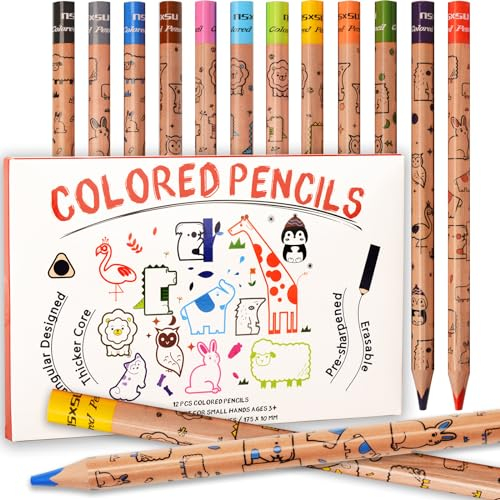 nsxsu Jumbo Buntstifte für Kinder, 12 Fett Dreikant Farbstifte Set für Alter 3-12, Tiermuster Dicke Farben Bleistifte, give aways kindergeburtstag, Vorschule, Kleinkinder & Anfänger