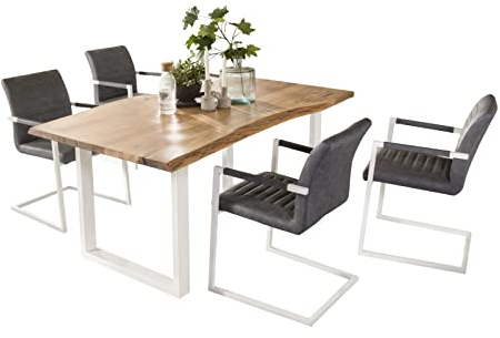 Woodkings Essgruppe Picton, Esstisch 170x90 mit 4 Schwingstühlen, Holztisch mit Baumkante, Tischgruppe Esszimmerstuhl Kunstleder grau, Metall weiß, Esszimmer Möbel