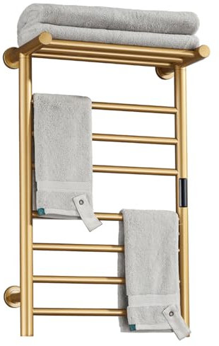 XMGJ Radiateur Sèche-Serviettes Électrique Doré avec Minuterie, Porte-Serviettes Chauffant Mural À 7 Barres, Chauffe-Serviettes Électrique en Acier Inoxydable 304 pour Salle De Bain, 70 W,Plug in