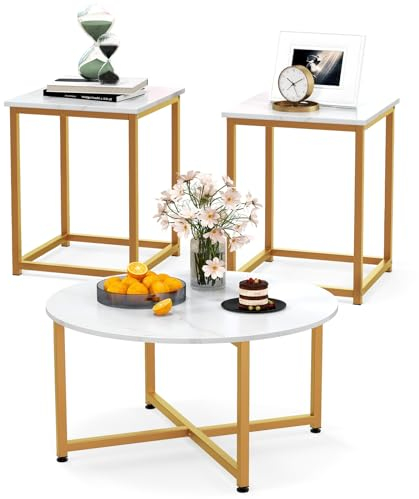 LIFEZEAL 3er Set Couchtisch, Kaffeetisch mit Quadratische Beistelltisch, Wohnzimmertisch aus Metallrahmen, Sofatisch Satztisch Modern Design, für Wohnzimmer Schlafzimmer (weiß)