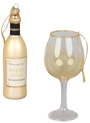 G Decor Vino Celebration Set of White Wine Bottle & Glass Hand-Finished Christmas Tree Decorations Festive Hanging Ornaments