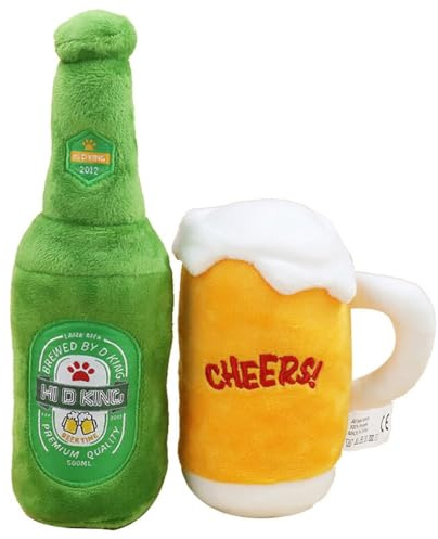 Kapmore Interactive Stuffed Beer Bottle Plush Toys for Dogs - Fun & Durable Puppy Soft Squeak Toy, Set of 2