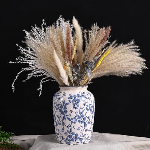orenm Vintage Blue and White Vase - Rustic Chinoiserie Ceramic Vase for Neutral Shelf Decor, Farmhouse and Modern Home Decor (Blue and White Porcelain-A)