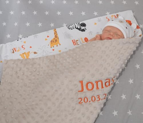 Generisch Babydecke mit Namen und Motiv Bestickt Minky Baumwolle Füllung personalisiert (Beige - Safari, 75 x 100 cm)