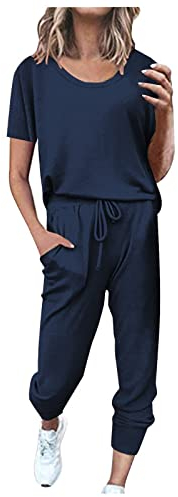 EMATOP Sportanzug Damen Sommer Kurzarm Tracksuit Casual Baumwolle Trainingsanzug 2 Teilig Einfarbig Jogginganzug Lose T-Shirt Top und Hose Freizeitanzug mit Taschen Sportswear für Running Yoga