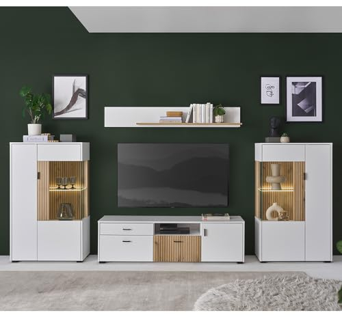 Wohnwand modern weiß matt Eiche Schrankwand Highboards 150cm Lowboard Wandboard