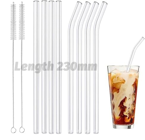 vgggrd 8 Stück Glasstrohhalme, 23cm Glasröhrchen Wiederverwendbar, Bubble Tea Strohhalme, Trinkhalme aus Glas mit 2 Reinigungsbürsten für Slush, Cocktail, Säfte, Spülmaschinenfest Trinkhalm