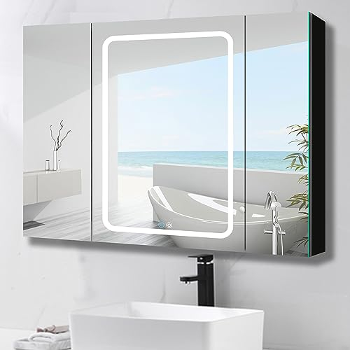 Generisch Badezimmerschrank,40x30 Zoll LED-Badezimmer-Medizinschrank, Oberflächenmontage, Doppeltür, beleuchteter Medizinschrank, für Badezimmer mit Spiegel-Beschlagschutz, Dimmer, Schwarz