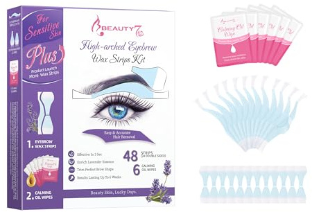 Beauty7 Hochgewölbte Augenbrauen Wachsstreifen Fit Wax Strips vorgeschnitten augenbrauen wachs 48stk augenbrauen wax streifen mit 6stk Wachsentferner Tücher enthaarungsstreifen für sensible Haut