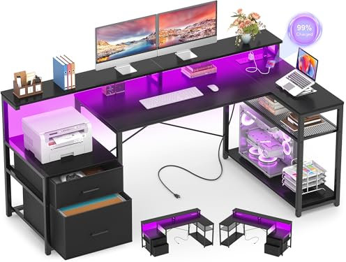 Aheaplus L Shaped Desk with File Drawer, Reversible L Shaped Computer Desk Gaming Desk with Power Outlet & LED Strip, Home Office Desk with Monitor Shelf, Corner Desk with Storage Shelves, Black