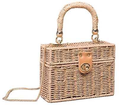 QiaoJun Capazo Playa Mujer,Cesta Playa Bolsa de Hombro de Paja Negra de ratán Mujeres Mano Tejido Mensajero Bolsa de Mensajero Playa de Verano Caja Cuadrada Bolso de Paja para Dama(Paper Rope Brown)