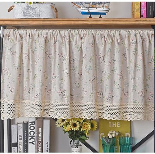 Gardinen Küche Kurz Polyester Baumwolle 1er Pack, Scheibengardinen Blumen Bedruckt Modern Halbverdunkelnde Stores Gardinen mit Spitze Fenstergardinen Bunt Rod Tasche Wohnzimmer Landhaus 60x150cm