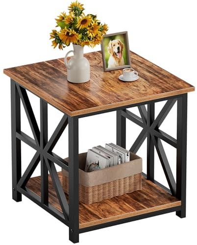 GreenForest Beistelltisch mit 2-stufigem Ablagefach, 60 cm quadratischer Wohnzimmertisch, praktischer Nachttisch im Landhausstil für Schlafzimmer, Büro oder als Sofatisch, Braun
