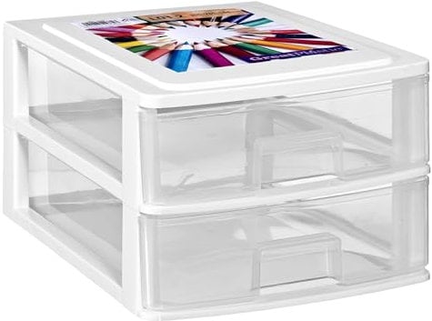 Schubladenbox DIN A4 mit 2 Schubladen 35,5x26,5x18 cm - Weiss-transparent Kunststoff Drawer Tower Box Organizer für Schreibtisch Easy-Pull-System