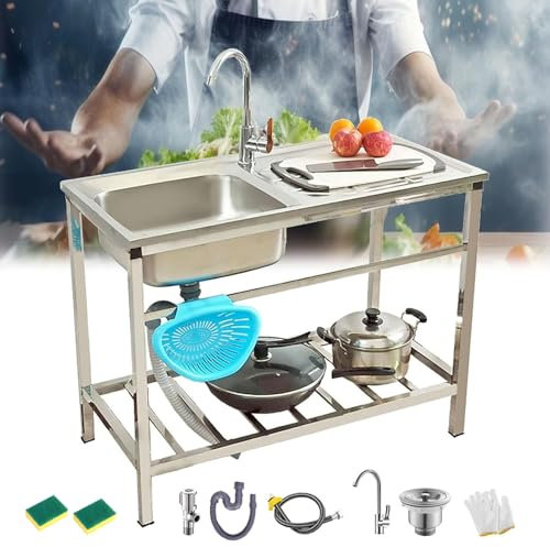 AutmDizyne Fregadero con Patas Acero Fregadero Exterior Jardin con Kit De Desagüe Fregadero Comercial De Acero Inoxidable 75x40xh75cm Fregadero con Grifo para Jardín Lavadero Hostelería