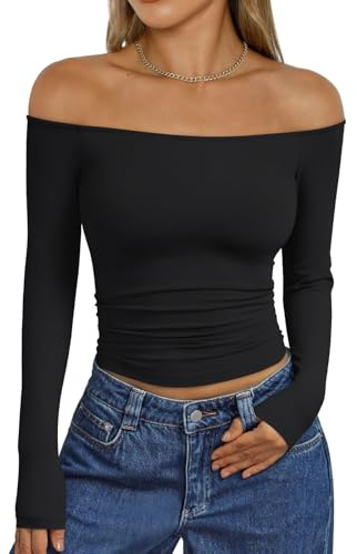 Trendy Queen Womens Long Sleeve Off The Shoulder Tops Going Out Cute Basic Y2K Fall Fashion 2025 Outfits Clothes, Black, M