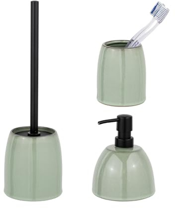 Schöner Wohnen Kollektion Keramik Bad-Accessory Set Mod. Prati 3 teilig mit Seifenspender Zahnputzbecher und WC-Garnitur Effektglasur grün Maße 11,5 cm x 38,5 cm