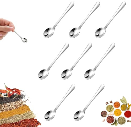 Yuiturt 8pcs 7.5cm×1.6cm Tiny Stainless Steel Spoons Set, 304 Steel Mini Condiment Spoon for Spice Jars/Honey, Cute Small Salt/Sugar Spoon