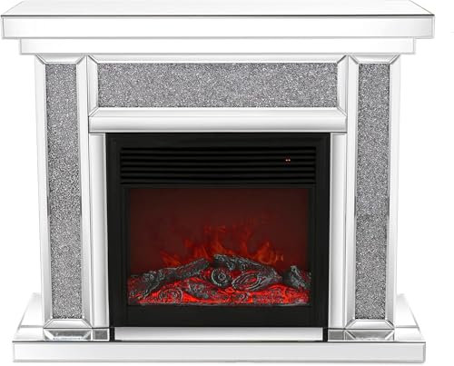 Mirrored Electric Fireplace with Crushed Diamond Panels, 120.5 cm Wide, LED Flame Effect, Silver
