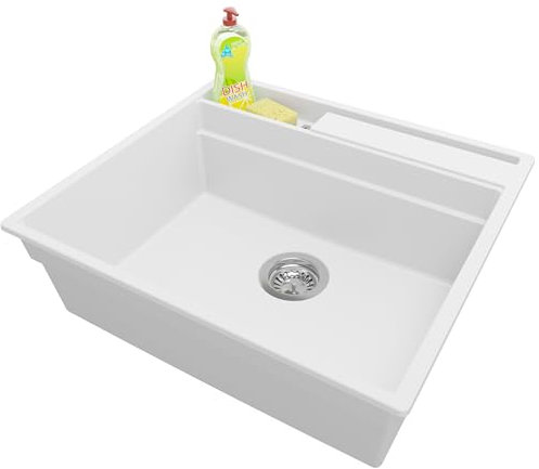 PRIMAGRAN Fregadero Cocina Blanco 58x53cm, Granito 1 Seno + Sifón, Sobre encimera al mueble 60cm - Oslo Pocket S125