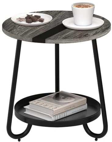 MOFAIN 2 Tier Coffee Table in Living Room, Industrial Style Round Coffee Table with Metal Tray, Wood Small Outdoor Coffee Table for Bedroom Balcony Patio, Gray