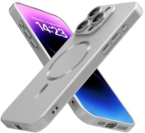 JOMA-E Shop Magnetic for iPhone 15 Pro Max Case [Compatible with MagSafe][Built-in Camera Lens Protector] Matte Soft Silicone Bumper Shockproof Metallic Luster Phone Shell (Silver, iPhone15 Pro Max)