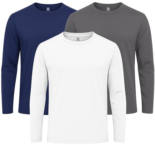 Style Horizon 3 Pack Mens Long Sleeve Crewneck Tshirts, 100% Cotton Casual Round Neck Full Sleeved Tops