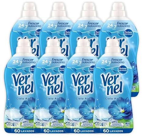 VERNEL Cielo Azzurro Ammorbidente Concentrato – Confezione Scorta da 8 Flaconi- con aroma fresco e duraturo fino a 24 ore, 60 lavaggi, 1080 ml ciascuno.