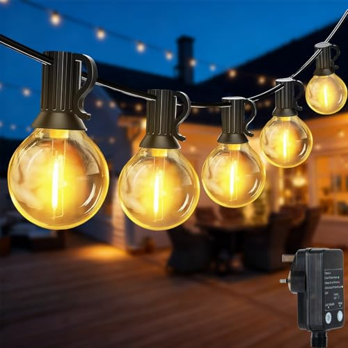 Lichterkette Außen Strom, 15M LED Lichterkette Aussen mit Lichtsensor Timer | Lichterkette Outdoor mit 25+2 Warmweiß G40 Glühbirnen Plastik, Wasserdicht Lichterketten für Garten Terrasse Hochzeiten