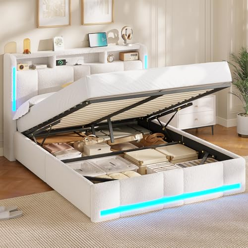 AOGLLATI Polsterbett 140×200 mit Steckdosen & LED Beleuchtung, Doppelbett mit Stauraum Kopfteil & Hydraulischem Stauraum, Bettgestell mit Lattenrost, Jugendbett 140×200, Bouclé, Ohne Matratze, Beige