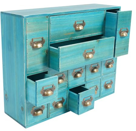 Schubladenbox Holz, Desktop Schreibtisch Organizer Schubladen Organizer mit 14 Schubladen, Aufbewahrungsbox für Büro Schule Schreibwaren, 53x16x42.4cm (Blau)