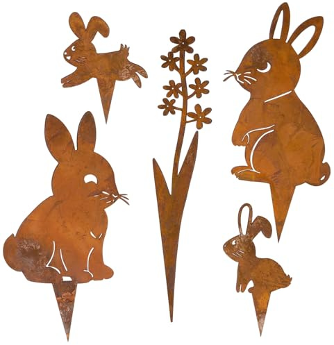 Gartenstecker Ostern 5er Set, Edelrost Osterdeko Outdoor & Osterdeko für Draußen, Metall Osterhasen Deko mit Blume, Rost Osterdekoration Draußen für Blumentopf, Beet & Rasen, Vintage Landhausstil Deko